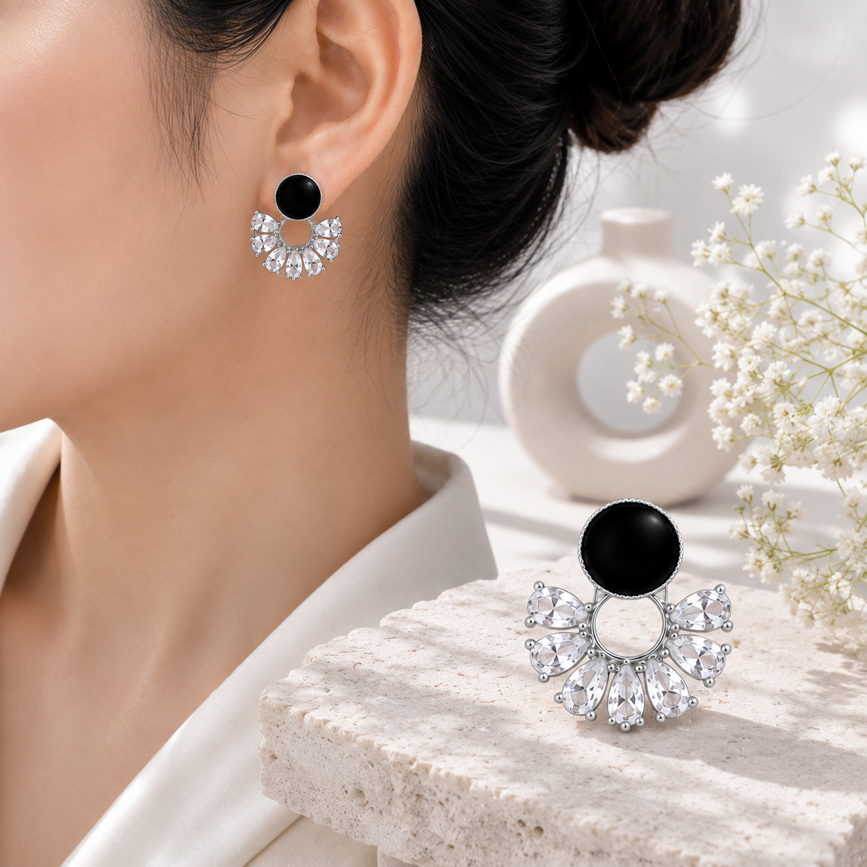 Anti-Tarnish Black Round Drop Earrings | NK Creation worn - NK Creation lifestyle