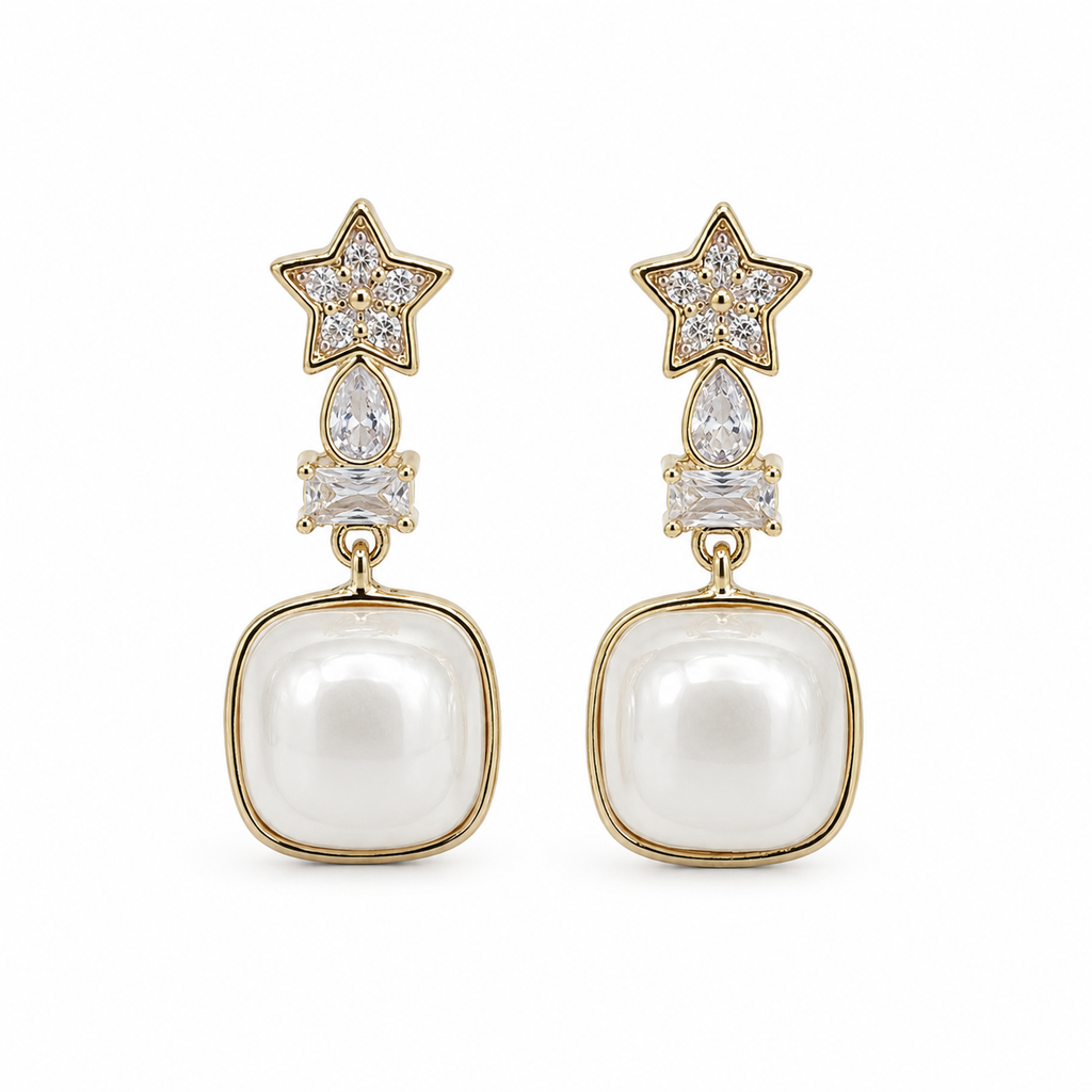 Anti-Tarnish Star & Cushion Pearl Drop Earrings - NK Creation