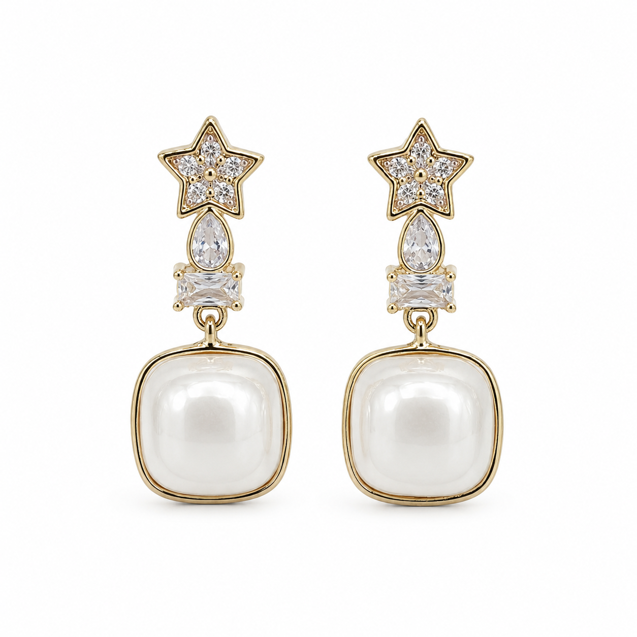 Anti-Tarnish Star & Cushion Pearl Drop Earrings - NK Creation