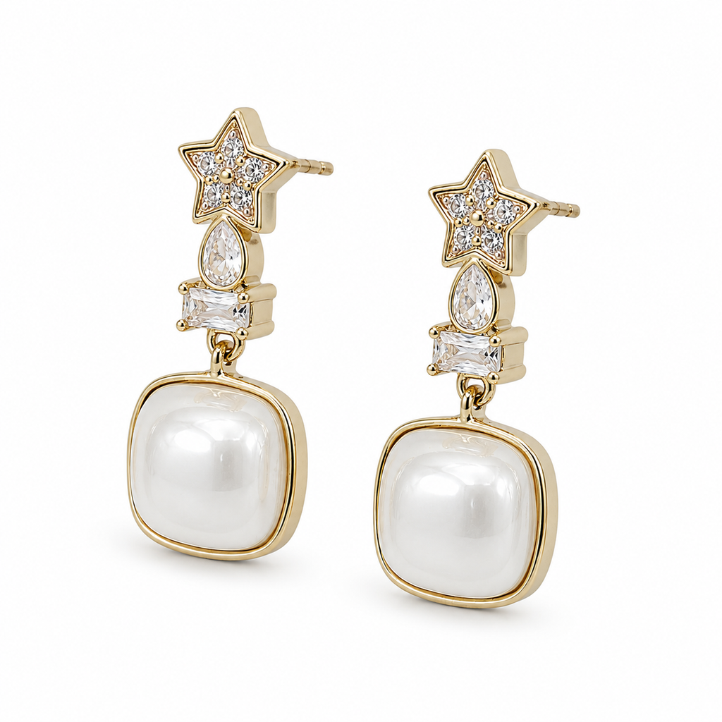 Anti-Tarnish Star & Cushion Pearl Drop Earrings - NK Creation