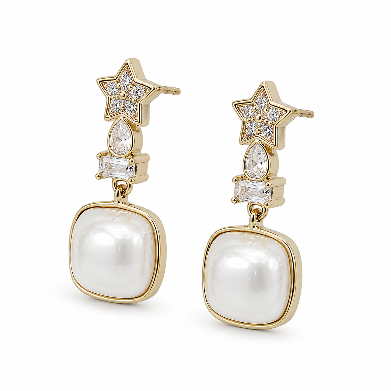 Anti-Tarnish Star & Cushion Pearl Drop Earrings - NK Creation