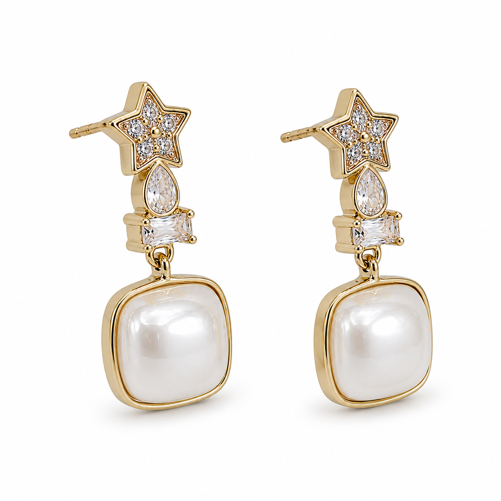 Anti-Tarnish Star & Cushion Pearl Drop Earrings - NK Creation