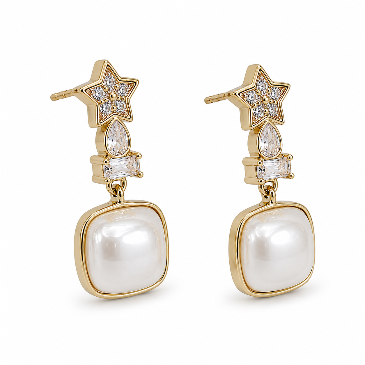 Anti-Tarnish Star & Cushion Pearl Drop Earrings - NK Creation