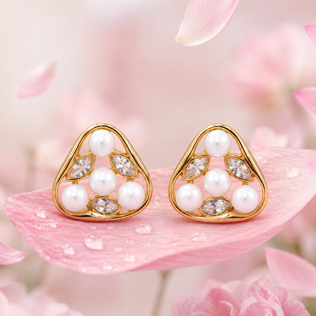 Anti-Tarnish Pearl & Marquise Triangle Stud Earrings worn - NK Creation