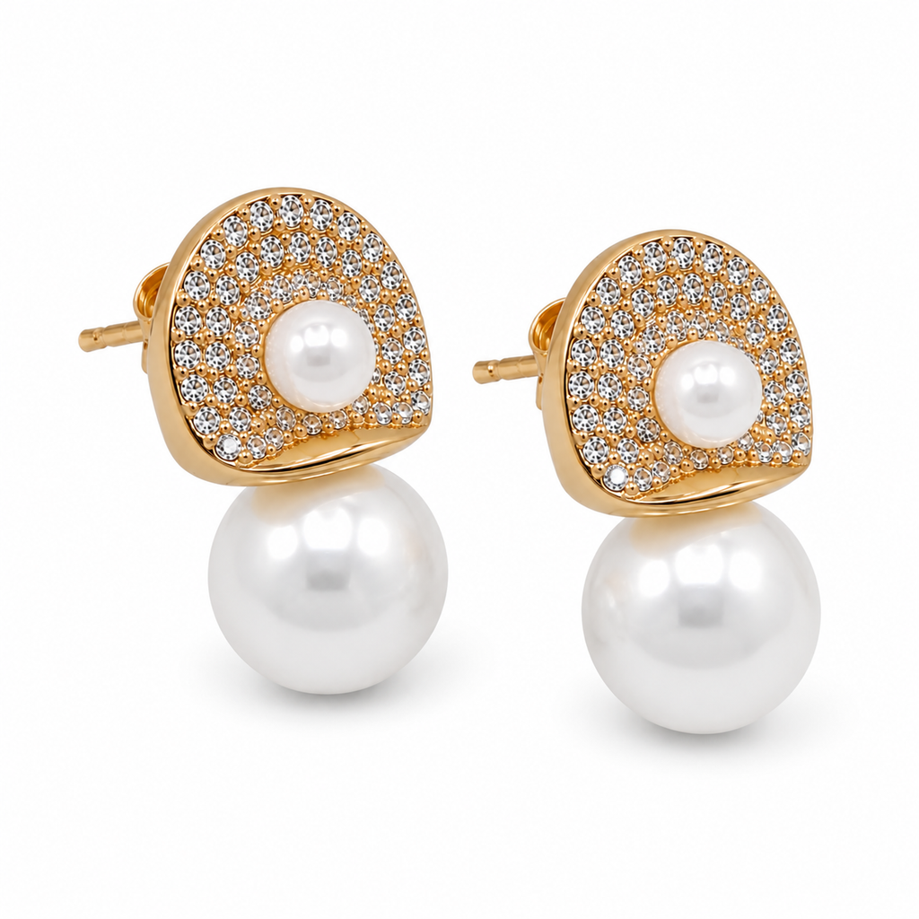 Anti-Tarnish Pave Dome Pearl Drop Earrings - NK Creation