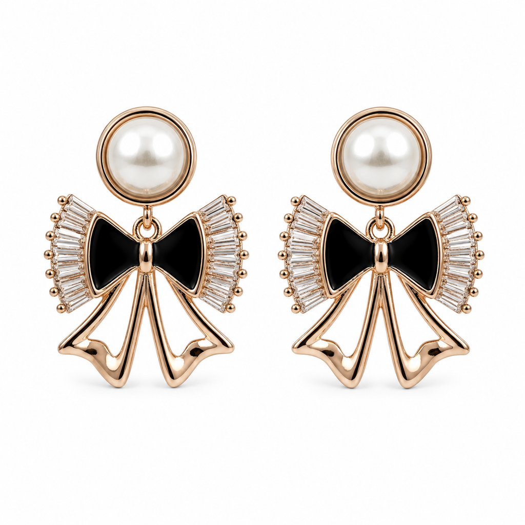 Anti-Tarnish Pearl & Black Bow Drop Earrings - NK Creation