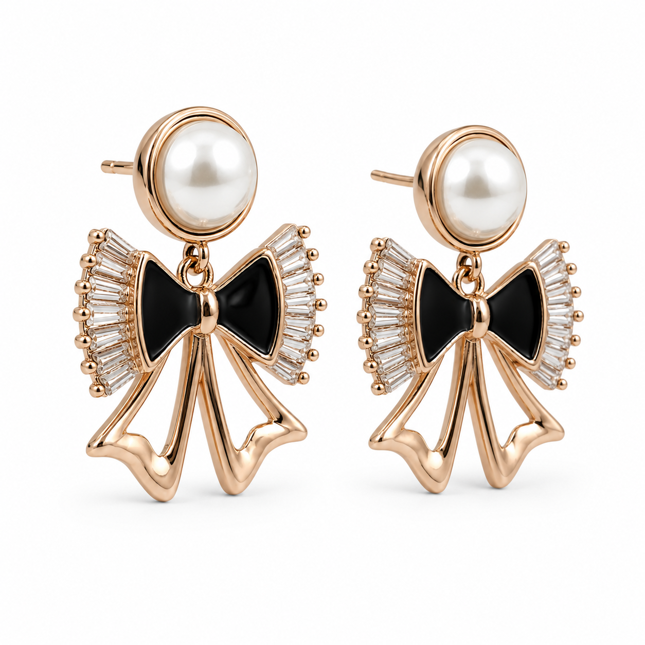 Anti-Tarnish Pearl & Black Bow Drop Earrings - NK Creation