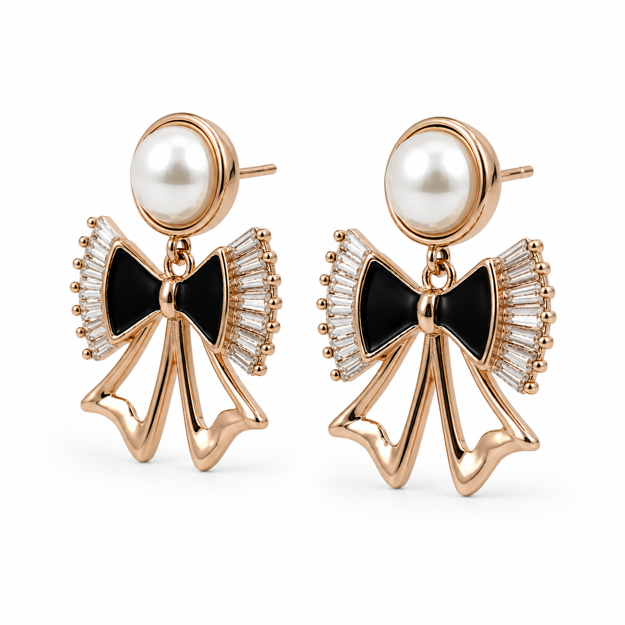 Anti-Tarnish Pearl & Black Bow Drop Earrings - NK Creation