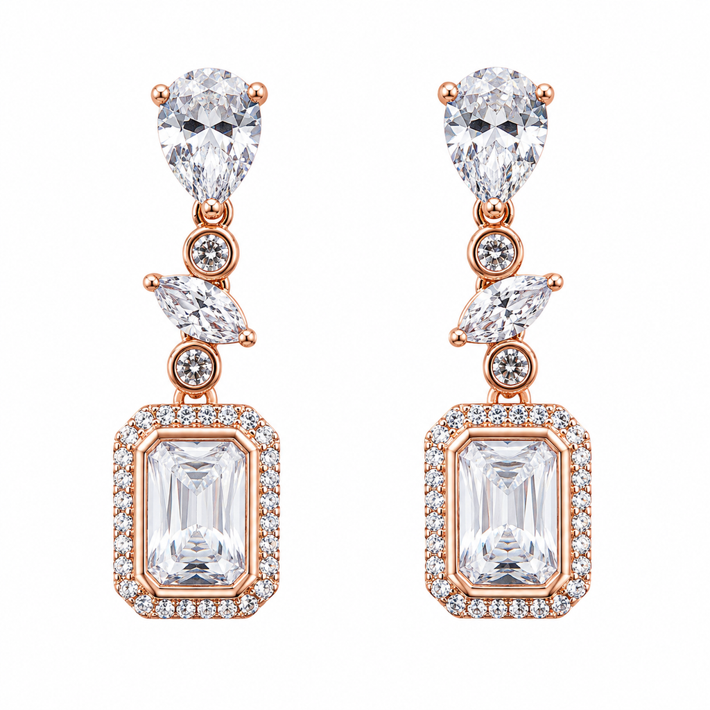 Anti-Tarnish Emerald-Cut Halo Drop Earrings - NK Creation