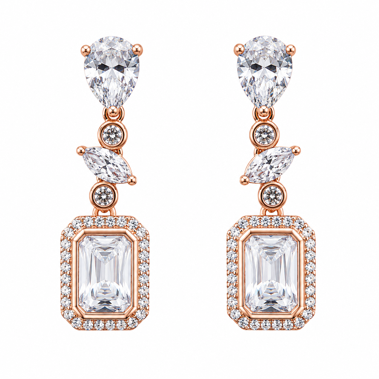 Anti-Tarnish Emerald-Cut Halo Drop Earrings - NK Creation