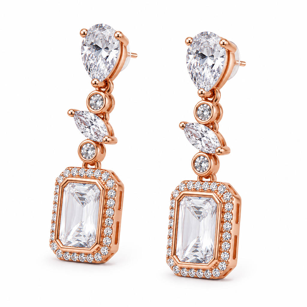Anti-Tarnish Emerald-Cut Halo Drop Earrings - NK Creation