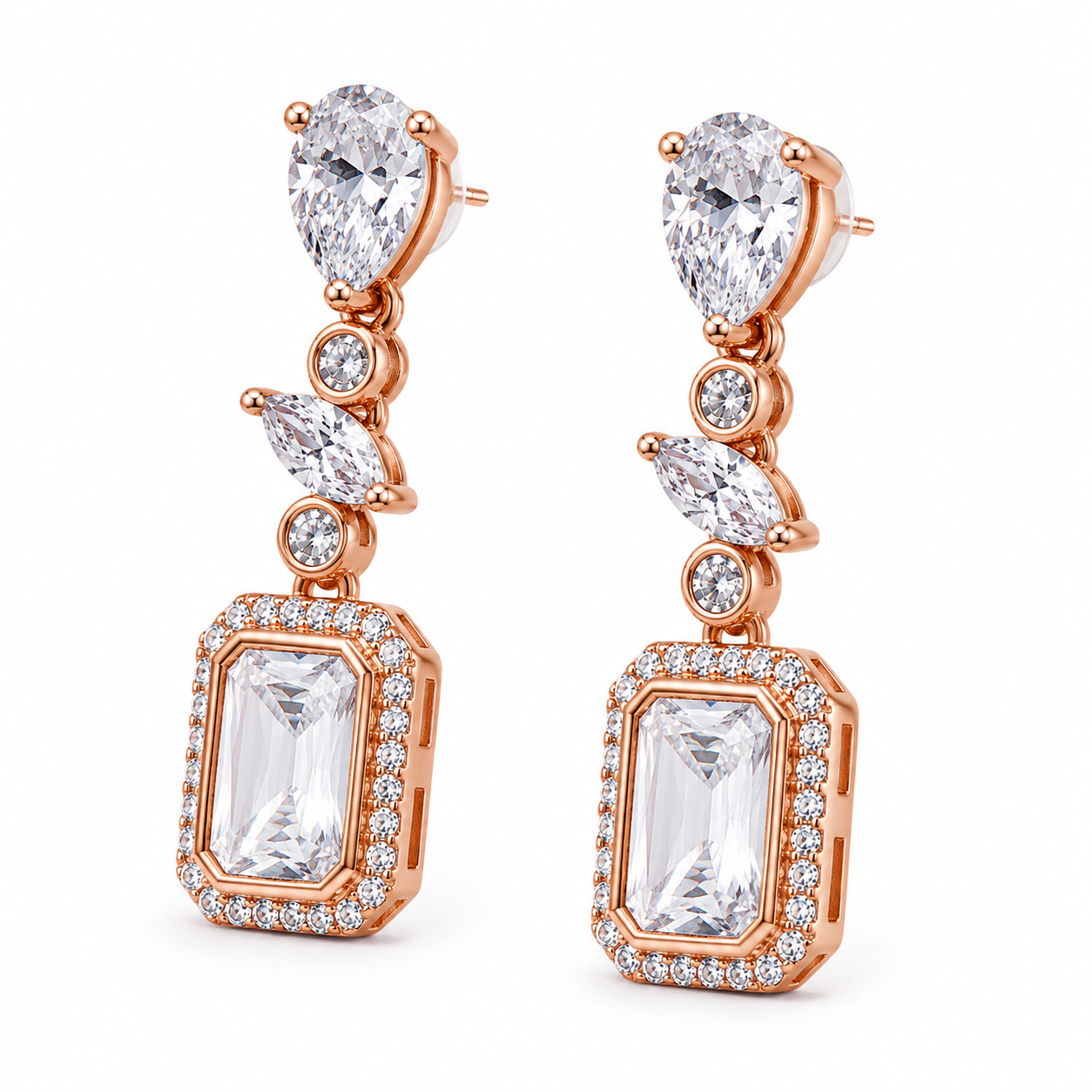 Anti-Tarnish Emerald-Cut Halo Drop Earrings - NK Creation
