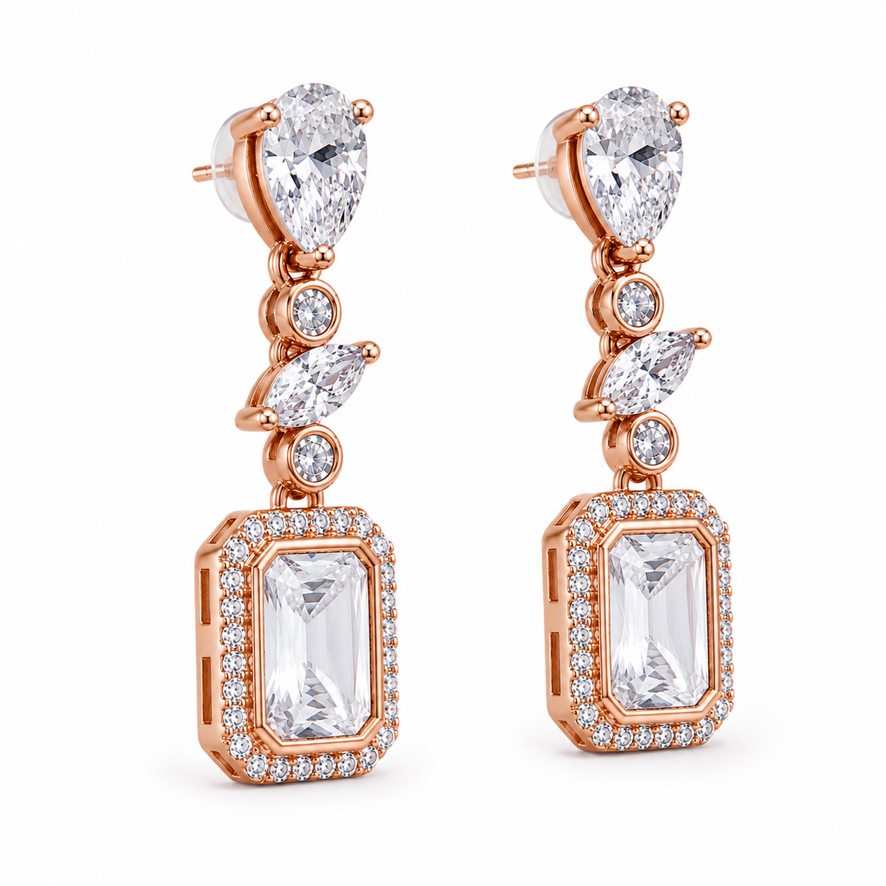 Anti-Tarnish Emerald-Cut Halo Drop Earrings - NK Creation