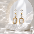 Anti-Tarnish Emerald-Cut Halo Drop Earrings worn - NK Creation
