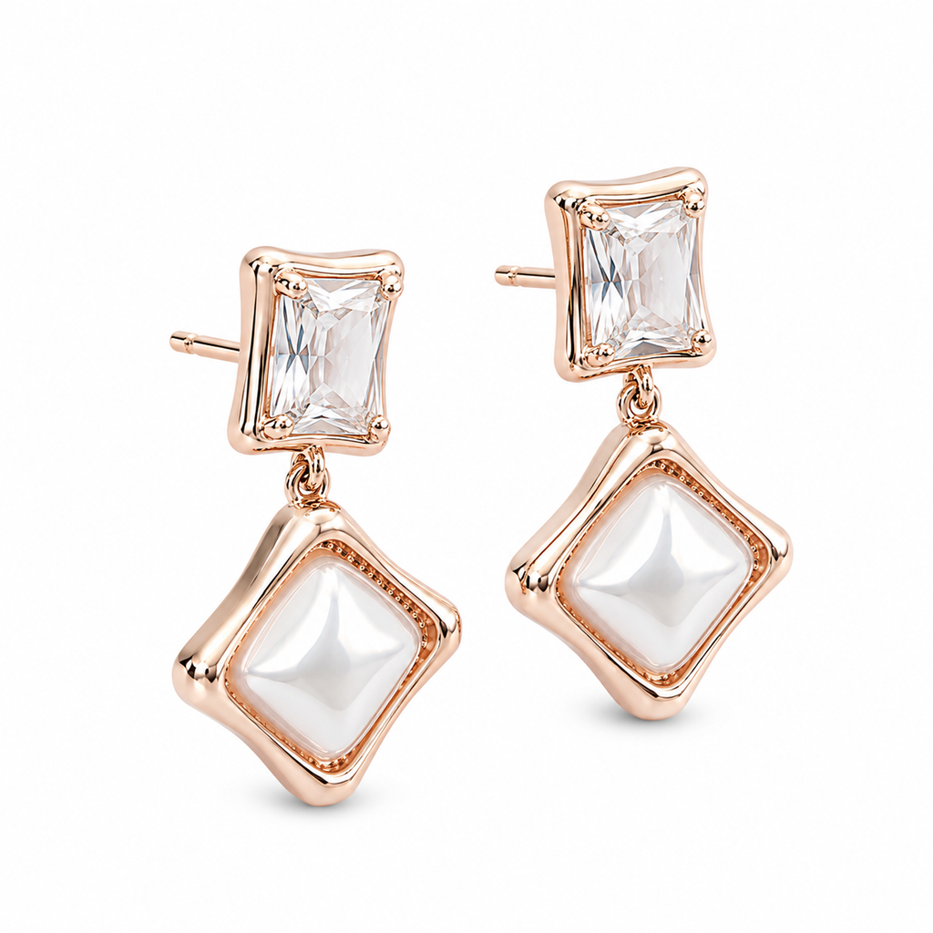 Anti-Tarnish Baguette & Square Pearl Drop Earrings - NK Creation