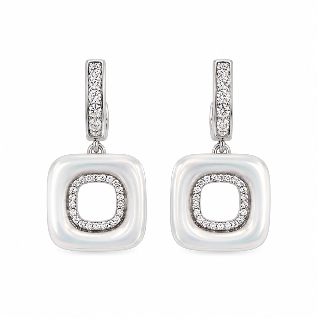 Anti-Tarnish White Enamel Open Square Drop Earrings - NK Creation