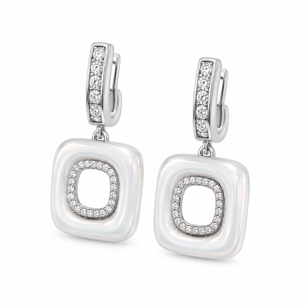Anti-Tarnish White Enamel Open Square Drop Earrings - NK Creation