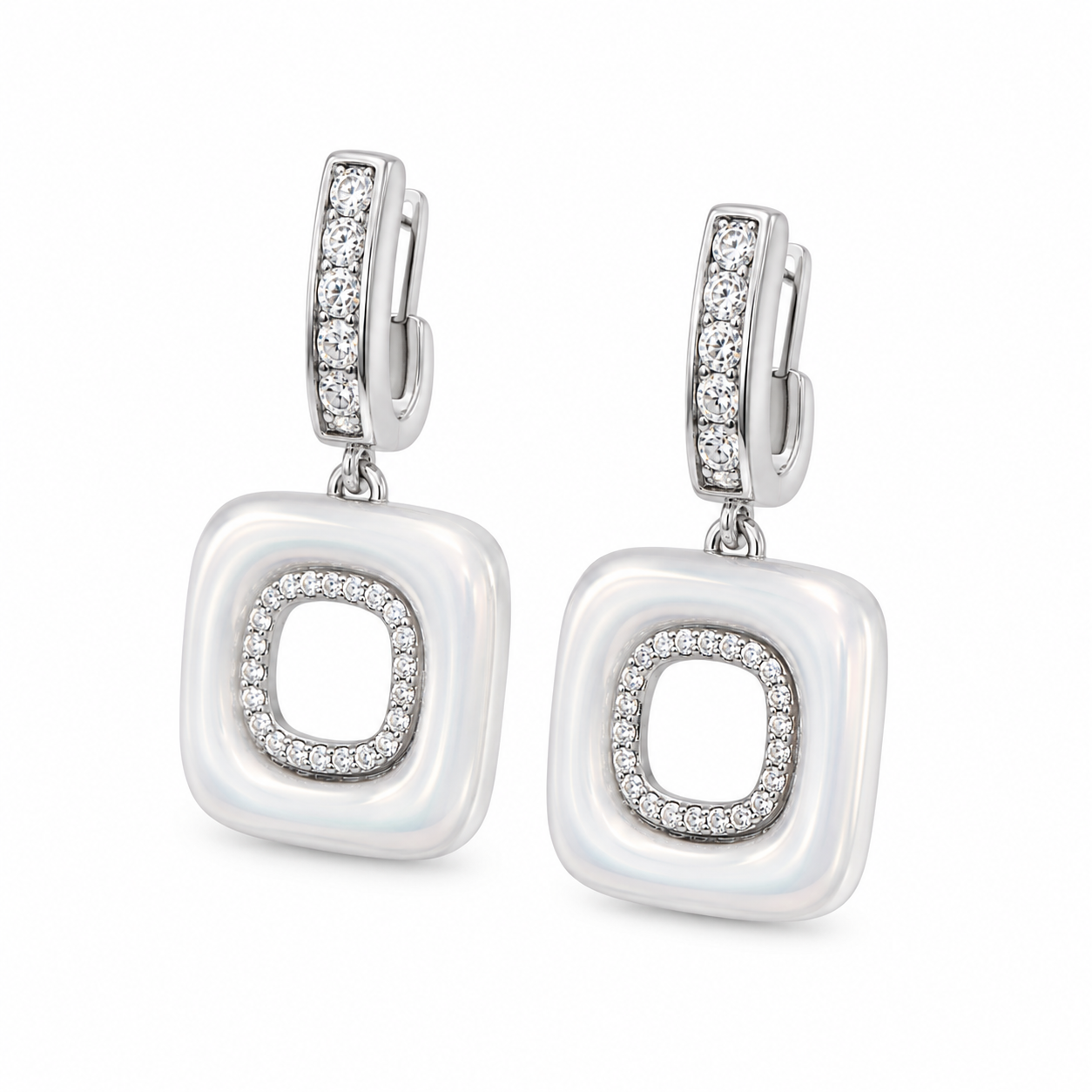 Anti-Tarnish White Enamel Open Square Drop Earrings - NK Creation