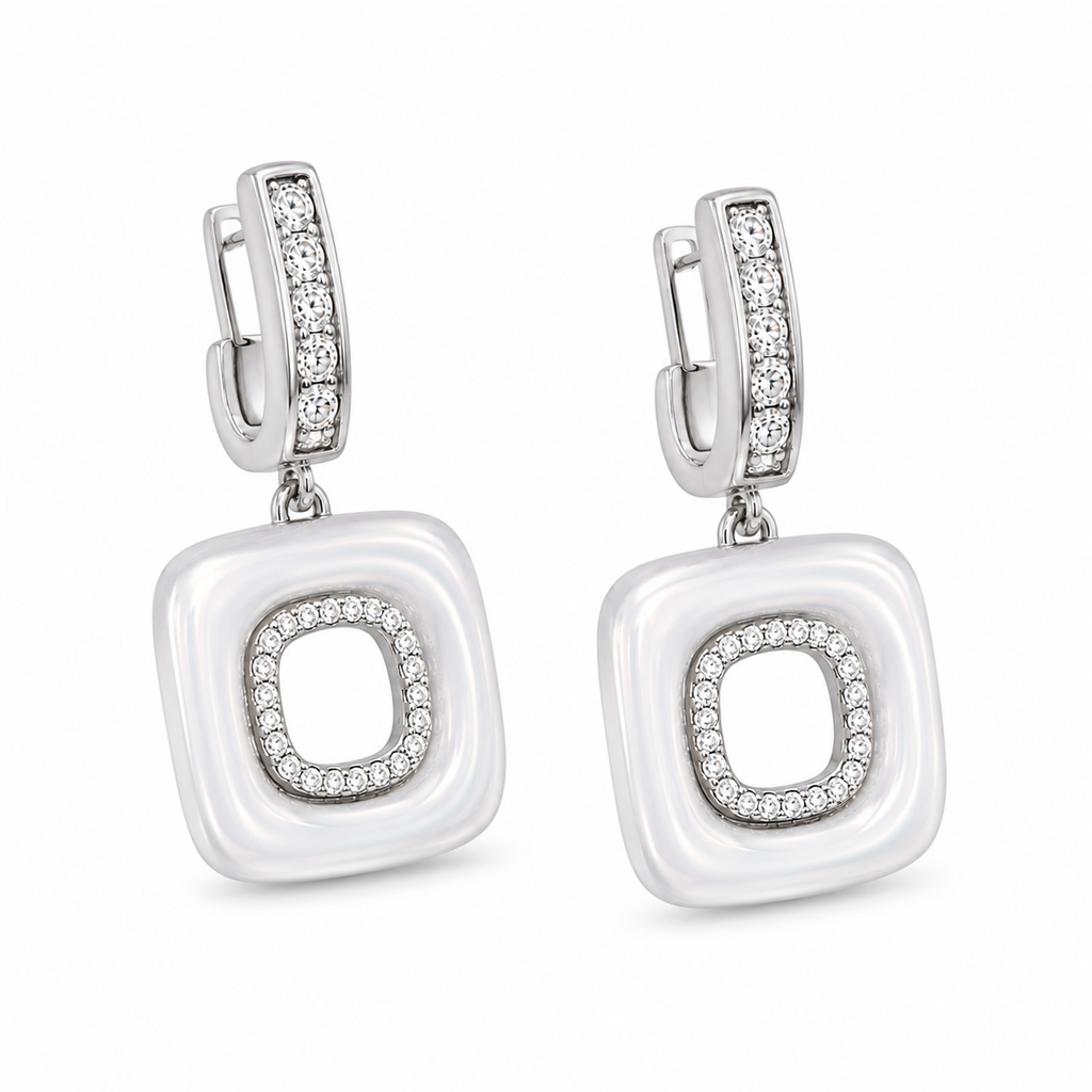 Anti-Tarnish White Enamel Open Square Drop Earrings - NK Creation