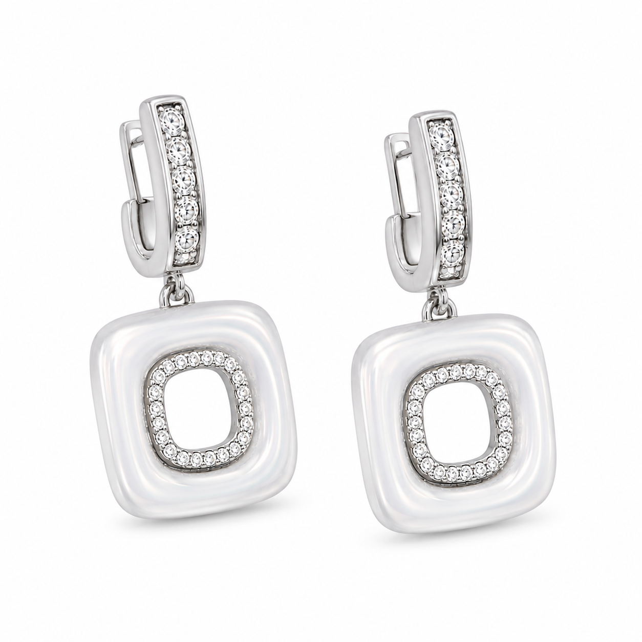 Anti-Tarnish White Enamel Open Square Drop Earrings - NK Creation