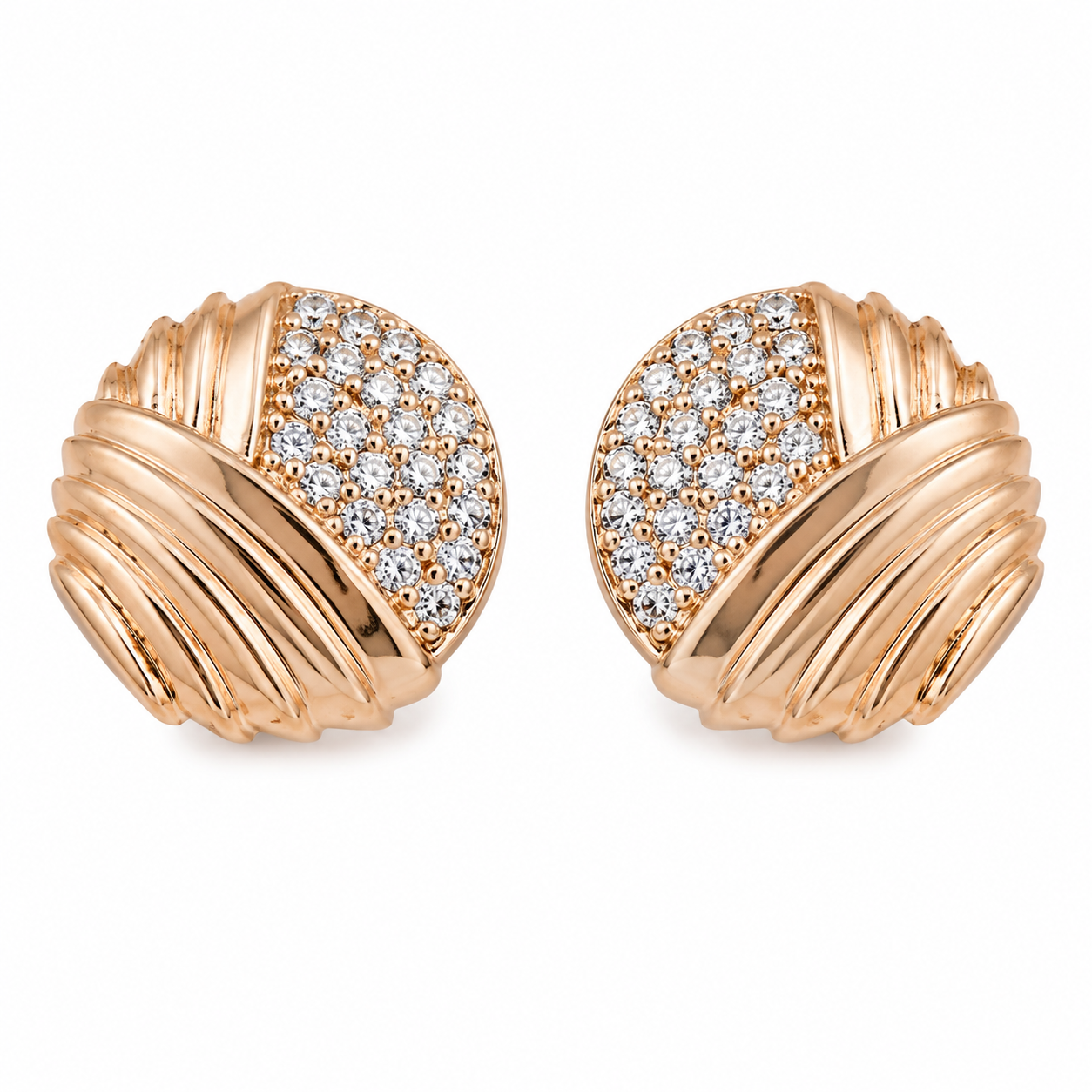 Anti-Tarnish Ribbed Pave Dome Stud Earrings - NK Creation