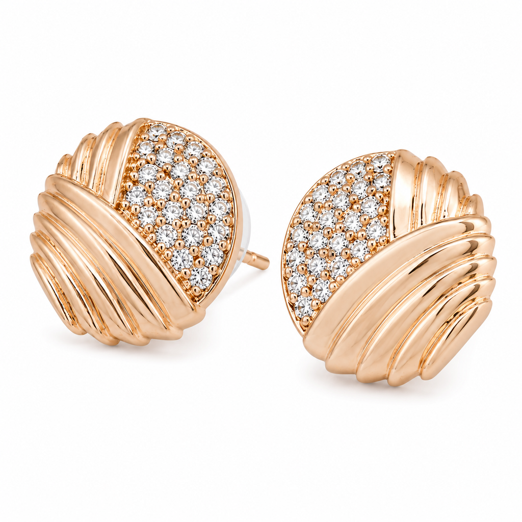 Anti-Tarnish Ribbed Pave Dome Stud Earrings - NK Creation