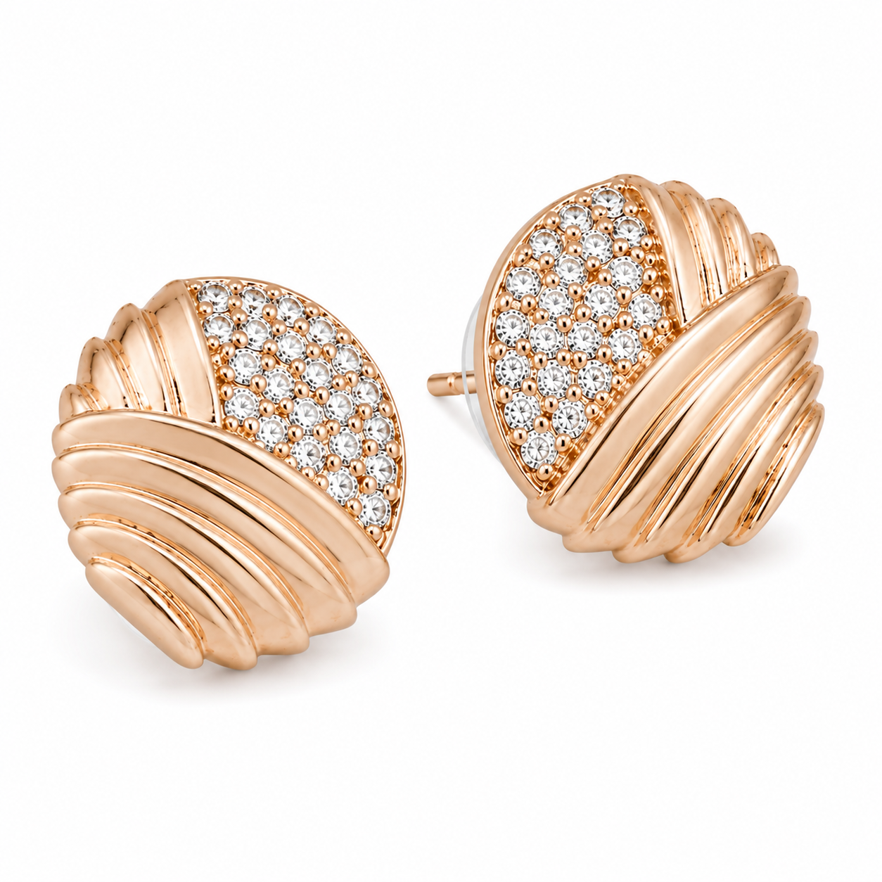 Anti-Tarnish Ribbed Pave Dome Stud Earrings - NK Creation