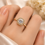 Anti-Tarnish Cushion Halo Solitaire Ring worn on hand - NK Creation