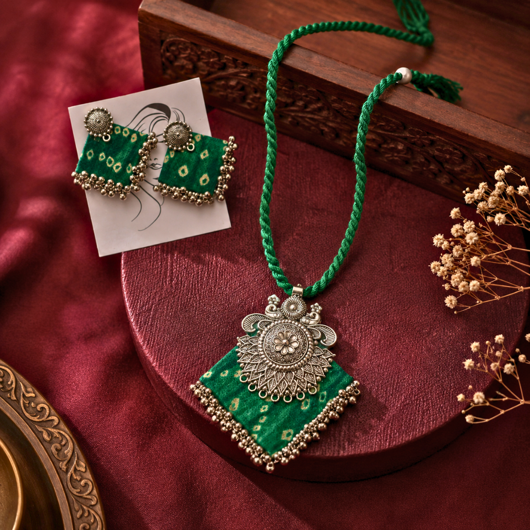 Green Bandhani Necklace &amp; Earring Set | NK Creation